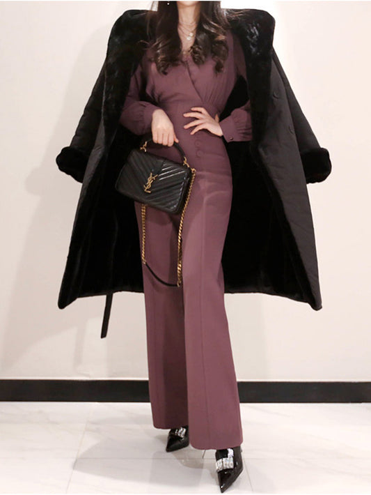 CM-JF030511 Women High Quality Seoul Style V-Neck Double-Breasted Slim Long Jumpsuit