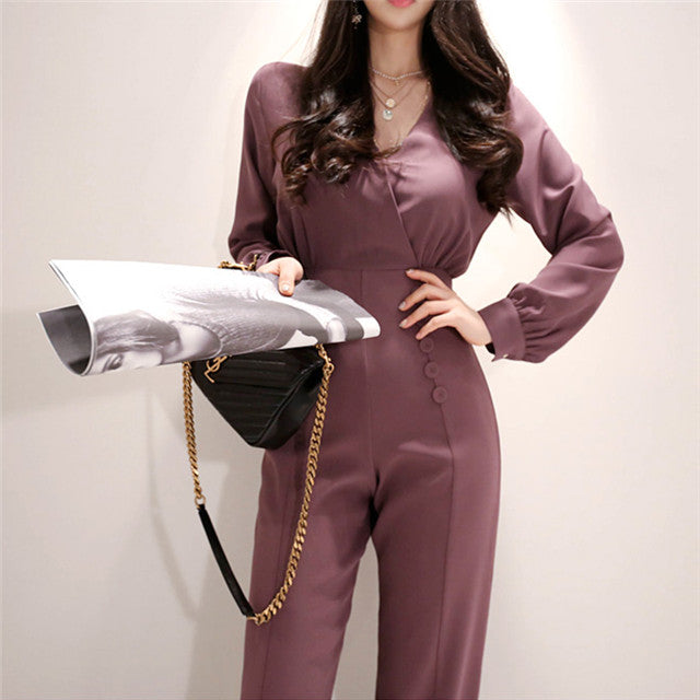CM-JF030511 Women High Quality Seoul Style V-Neck Double-Breasted Slim Long Jumpsuit