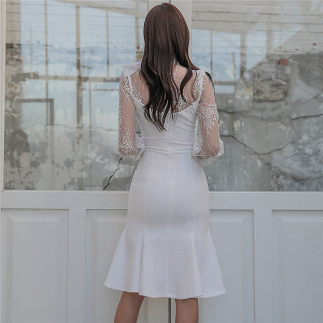 CM-DF030517 Women Elegant Seoul Style Gauze Bowknot Fishtail Skinny Dress - White