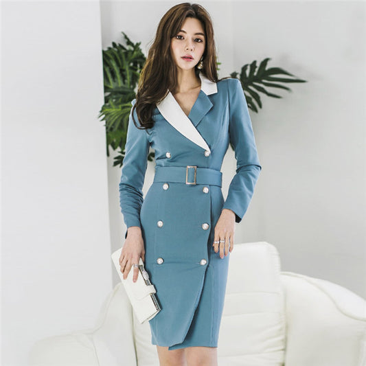 CM-DF030518 Women Modern Seoul Style Double-Breasted Tailored Collar Slim Dress - Blue