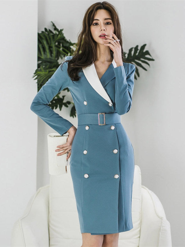 CM-DF030518 Women Modern Seoul Style Double-Breasted Tailored Collar Slim Dress - Blue