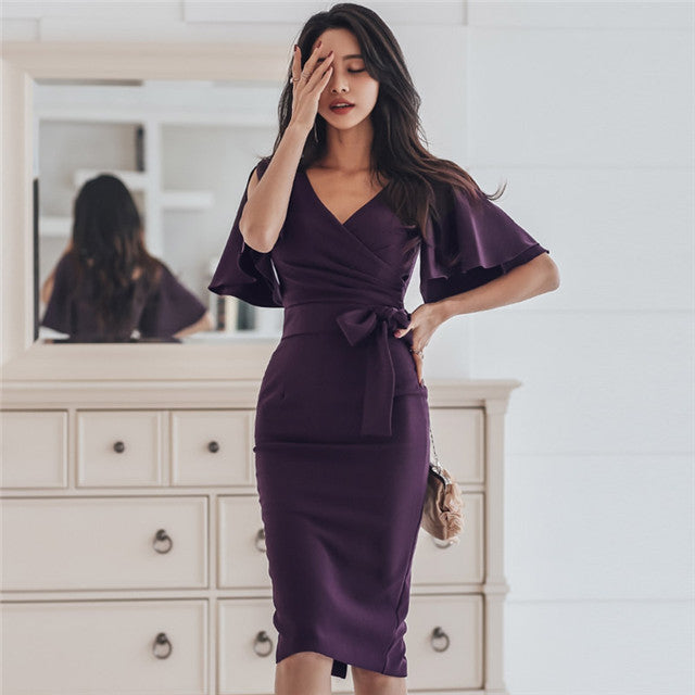 CM-DF030519 Women Elegant Seoul Style Tie Bowknot Waist V-Neck Slim Dress - Dark Purple
