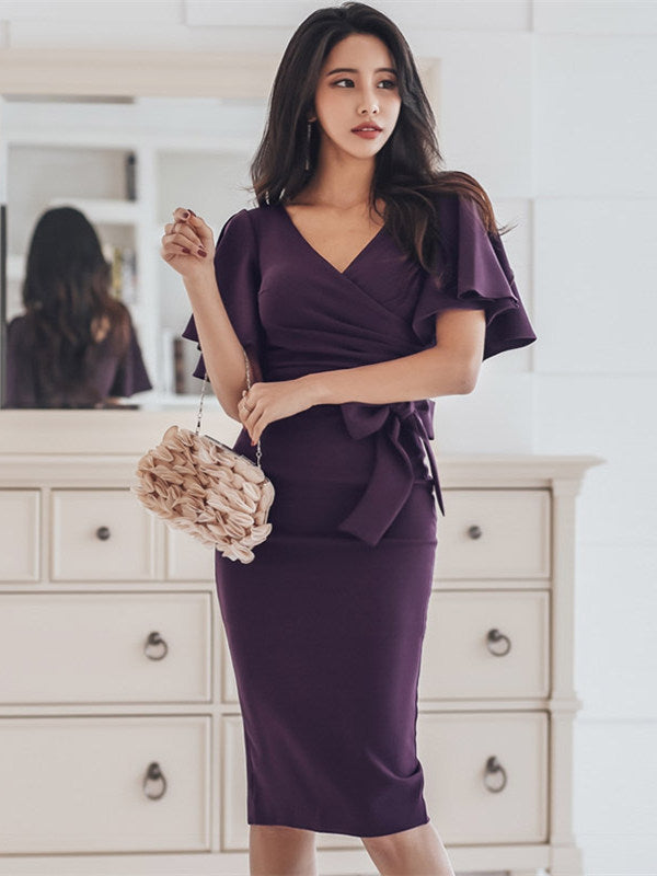 CM-DF030519 Women Elegant Seoul Style Tie Bowknot Waist V-Neck Slim Dress - Dark Purple