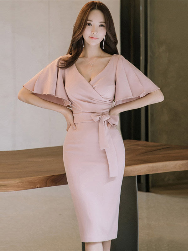 CM-DF030520 Women Elegant Seoul Style V-Neck Tie Waist Flouncing Sleeve Slim Dress - Pink