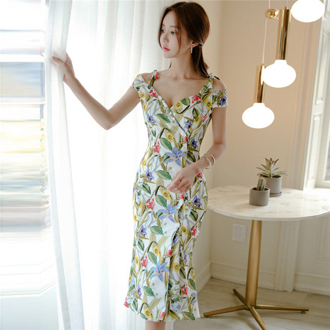 CM-DF030521 Women Casual Seoul Style Boat Neck Floral Printings Slim Dress