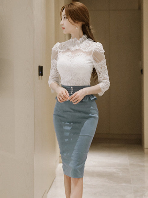 CM-SF030522 Women Elegant Seoul Style Lace Blouse With High Waist Skinny Midi Skirt Set