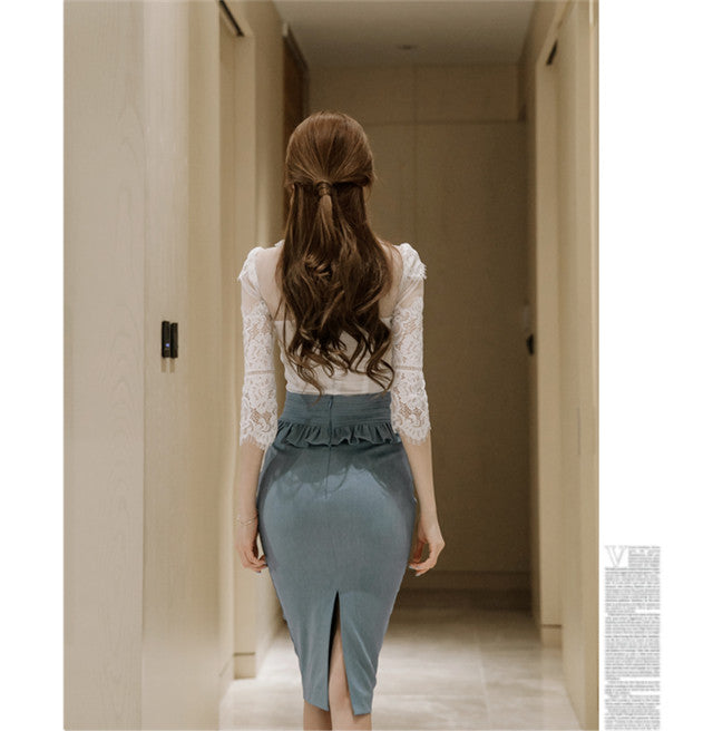 CM-SF030522 Women Elegant Seoul Style Lace Blouse With High Waist Skinny Midi Skirt Set