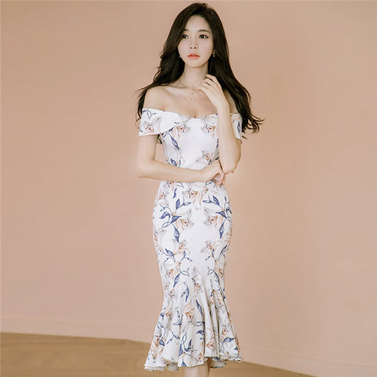 CM-DF030525 Women Elegant Seoul Style Boat Neck Floral Printings Fishtail Slim Dress