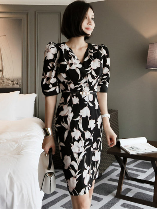 CM-DF030529 Women Casual Seoul Style V-Neck Fitted Waist Floral Slim Dress - Black