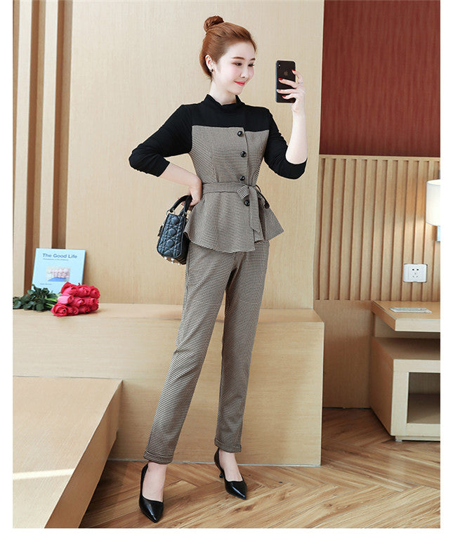 CM-SF030612 Women Casual Seoul Style Single-Breasted Top With Houndstooth Long Pants - Set
