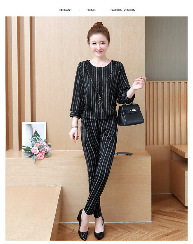 CM-SF030613 Women Casual Seoul Style Round Neck Stripes Top With Slim Long Pants - Set