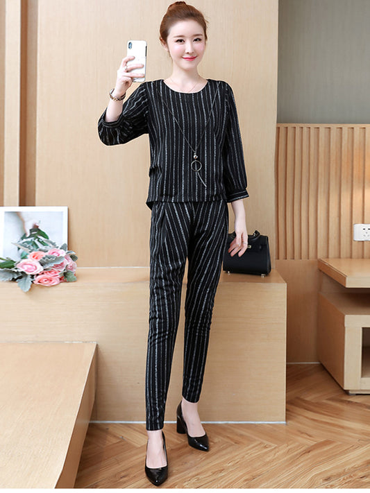 CM-SF030613 Women Casual Seoul Style Round Neck Stripes Top With Slim Long Pants - Set