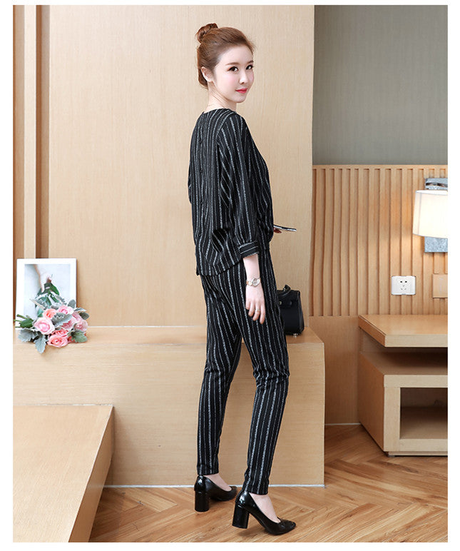 CM-SF030613 Women Casual Seoul Style Round Neck Stripes Top With Slim Long Pants - Set