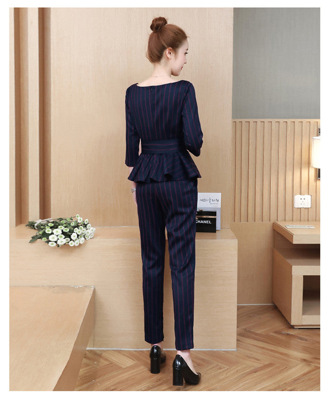 CM-SF030614 Women Casual Seoul Style Tie Waist Flouncing Stripes Blouse With Long Pants - Set