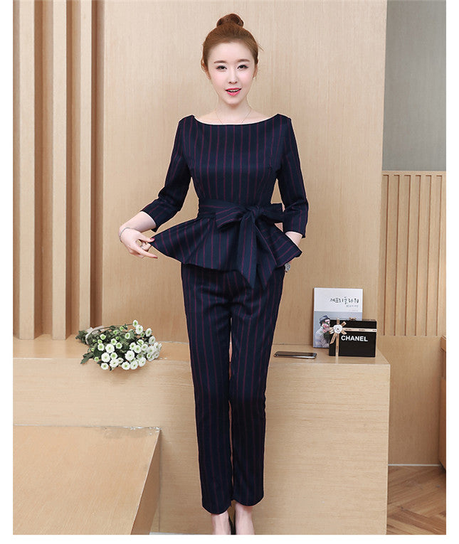 CM-SF030614 Women Casual Seoul Style Tie Waist Flouncing Stripes Blouse With Long Pants - Set