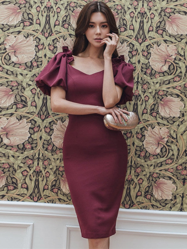 CM-DF030703 Women Casual Seoul Style V-Neck Puff Sleeve Bodycon Dress - Wine Red