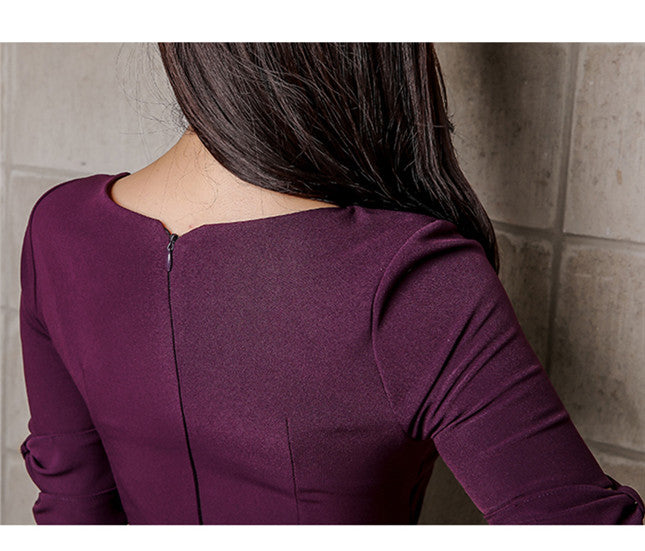 CM-DF030705 Women Elegant Seoul Style Bowknot Bust Skinny Mid-Sleeve Dress - Purple