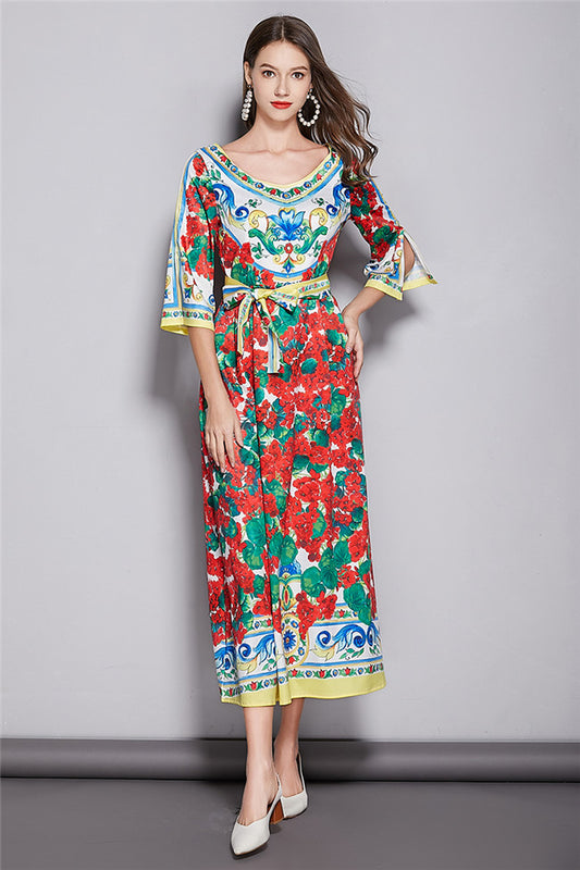 CM-DF030813 Women Retro European Style Tie Waist Floral Printings Maxi Dress