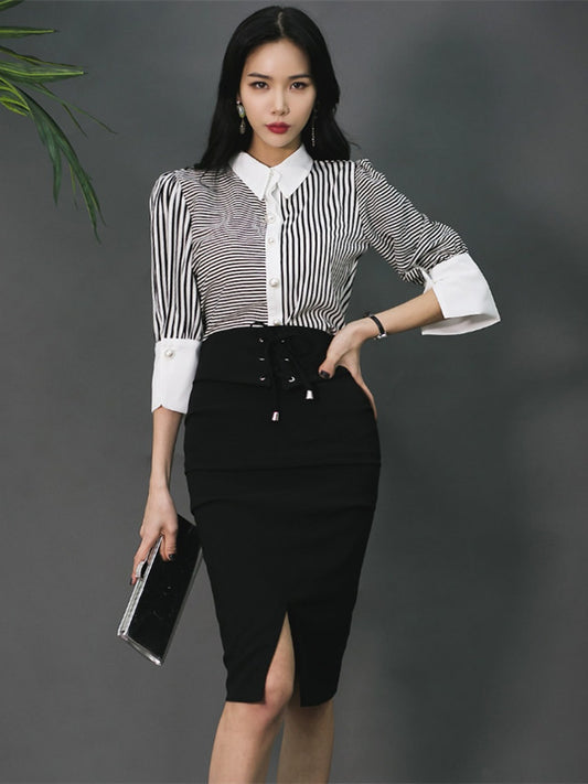 CM-SF030824 Women Elegant Seoul Style Stripes Loosen Blouse With Split Midi Skirt - Set