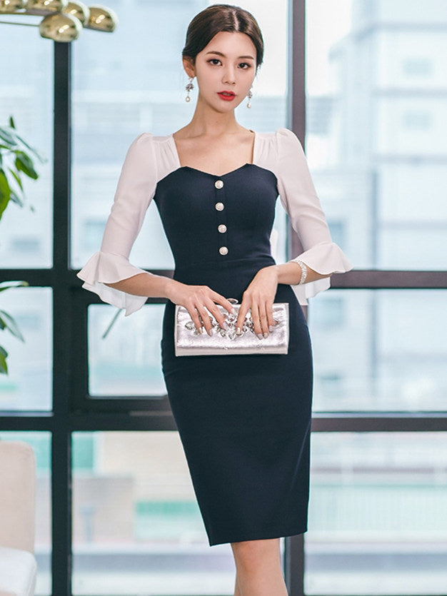 CM-DF030826 Women Charming Seoul Style Square Collar Flare Sleeve Skinny Dress