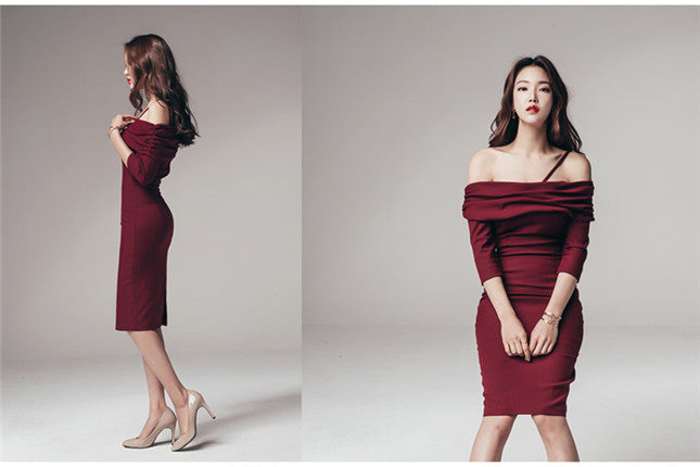 CM-DF030831 Women Elegant Seoul Style Boat Neck Fitted Waist Long Sleeve Dress - Wine Red