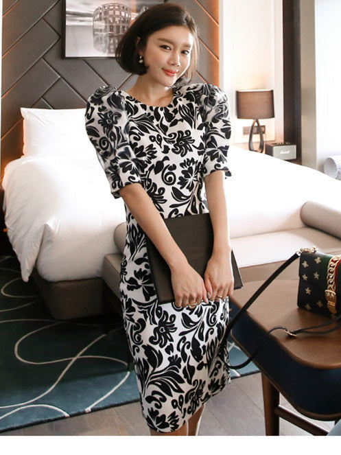 CM-DF031005 Women Casual Seoul Style Round Neck Floral Puff Sleeve Dress