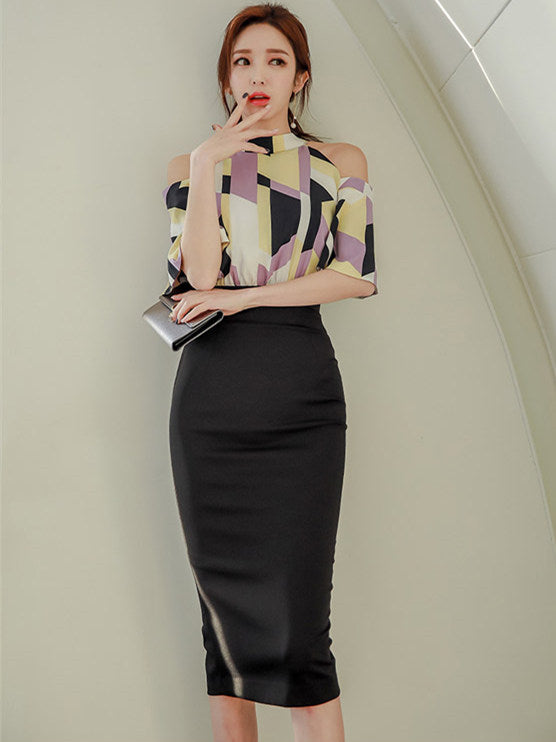 CM-DF031006 Women Modern Seoul Style Tie Collar Stripes Off Shoulder Slim Dress