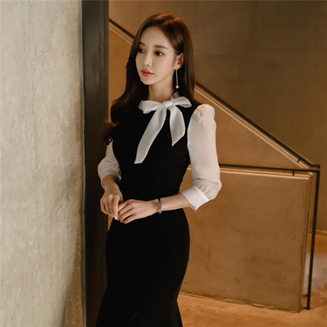 CM-DF031026 Women Elegant Seoul Style Tie Bowknot Collar Fishtail Bodycon Dress - Black