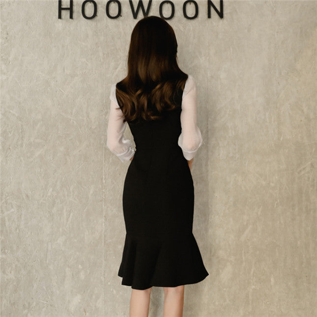 CM-DF031026 Women Elegant Seoul Style Tie Bowknot Collar Fishtail Bodycon Dress - Black