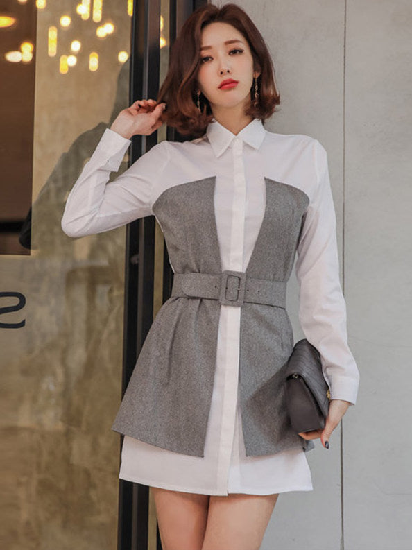 CM-DF031028 Women Casual Seoul Style Shirt Collar Long Sleeve Dress - White