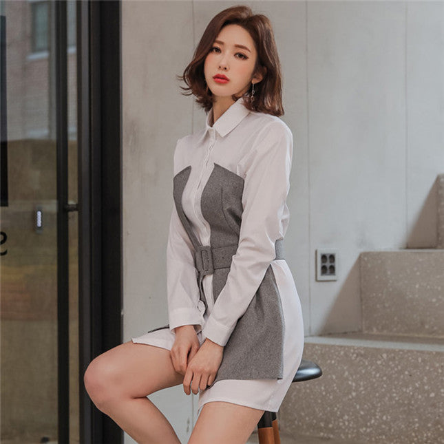 CM-DF031028 Women Casual Seoul Style Shirt Collar Long Sleeve Dress - White