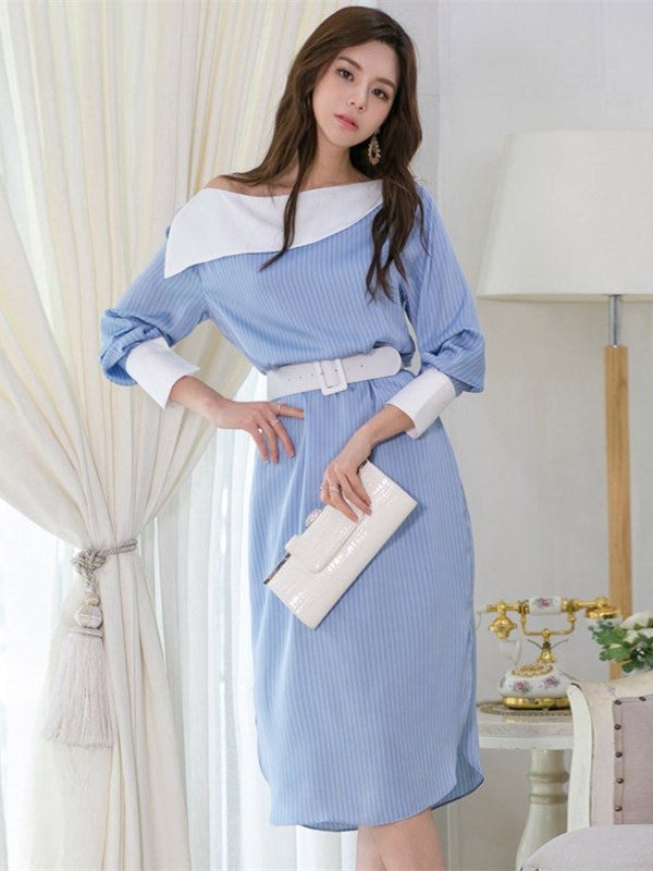 CM-DF031029 Women Casual Seoul Style Long Sleeve Boat Neck Stripes Loosen Dress - Blue