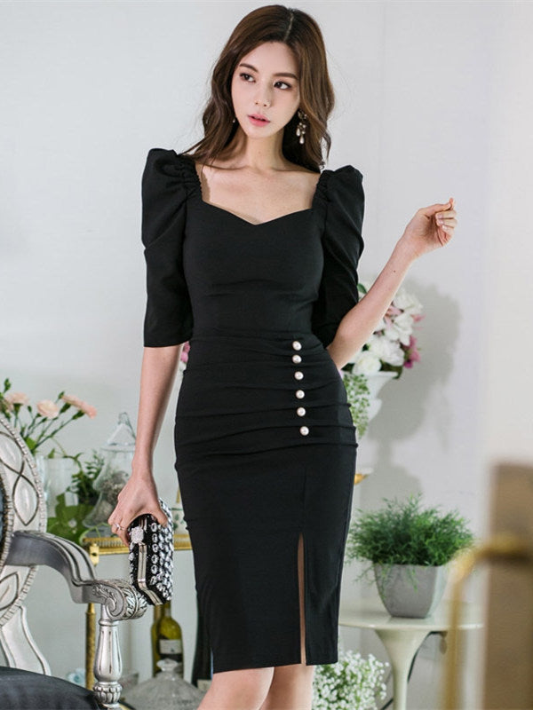 CM-DF031030 Women Elegant Seoul Style Square Collar Single-Breasted Split Dress - Black