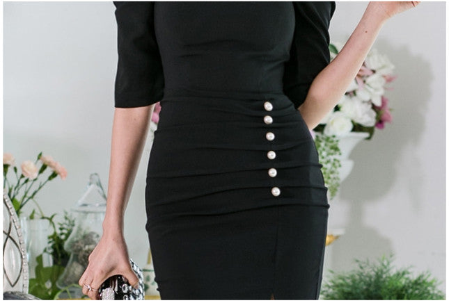 CM-DF031030 Women Elegant Seoul Style Square Collar Single-Breasted Split Dress - Black