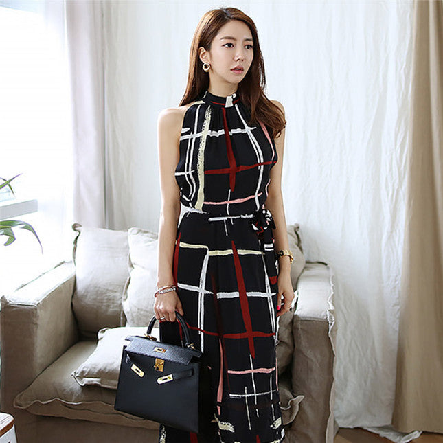 CM-DF031706 Women Casual Seoul Retro Style Tie Waist Plaids Halter Maxi Dress