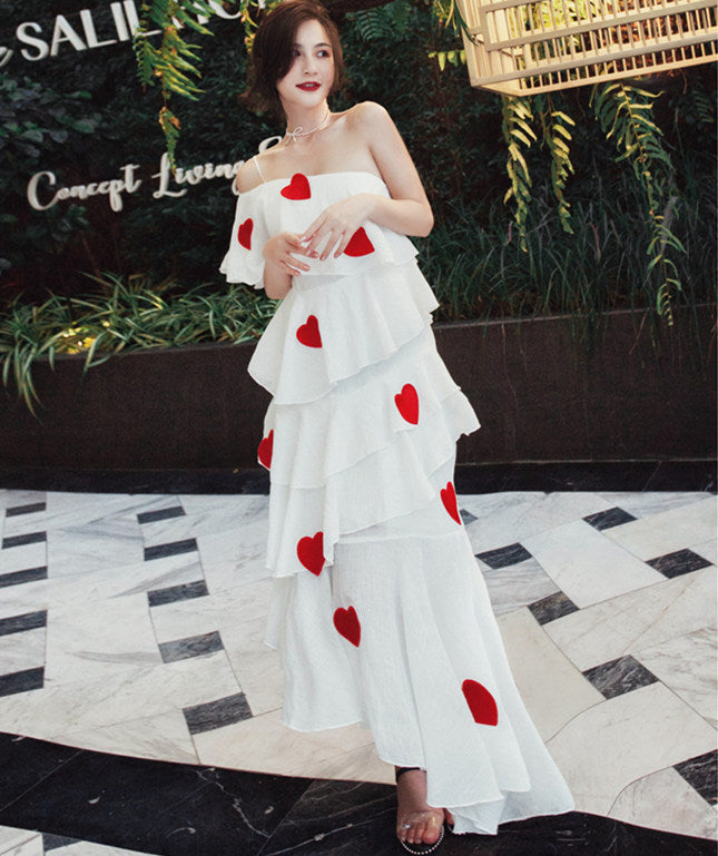 CM-DF031712 Women Lovely Seoul Style Off Shoulder Hearts Layered Maxi Dress - White