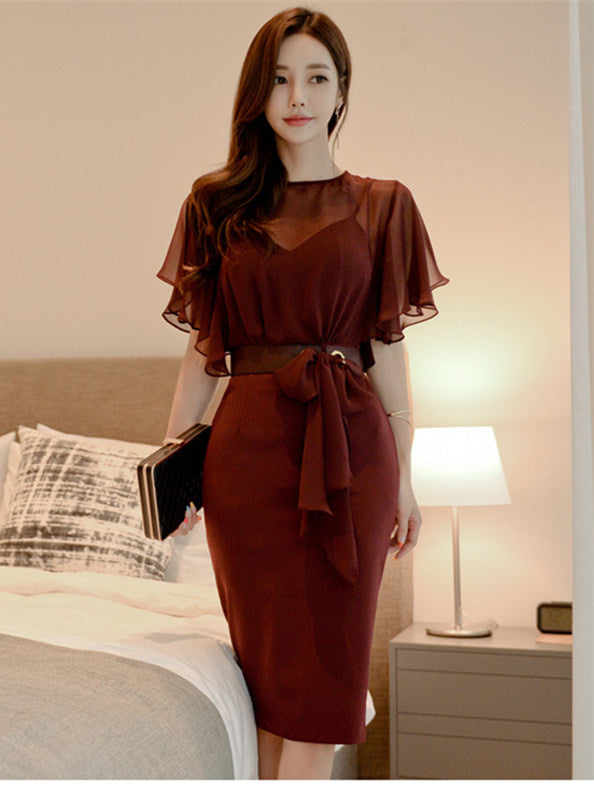 CM-DF031920 Women Elegant Seoul Style Tie Waist Flouncing Slim Dress - Wine Red