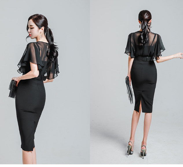 CM-DF031920 Women Elegant Seoul Style Tie Waist Flouncing Slim Dress - Black