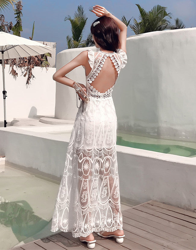 CM-DF032003 Women Elegant Seoul Style Lace Floral Embroidery Backless Maxi Dress - White