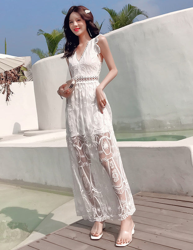 CM-DF032003 Women Elegant Seoul Style Lace Floral Embroidery Backless Maxi Dress - White