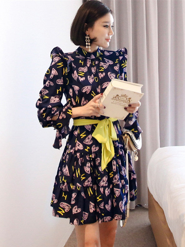 CM-DF032019 Women Casual Seoul Style Floral Printings Tie Waist A-Line Dress