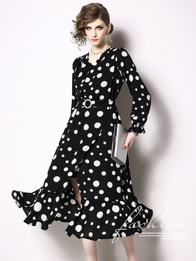 CM-DF032029 Women Retro European Style Elastic Waist Split Dots Long Dress - Black