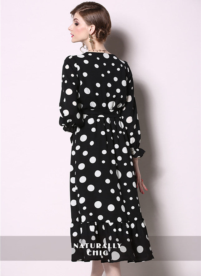 CM-DF032029 Women Retro European Style Elastic Waist Split Dots Long Dress - Black