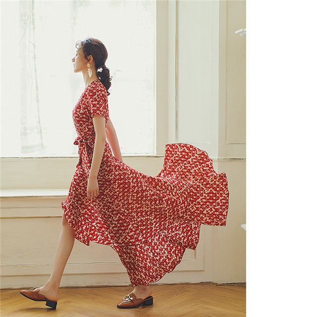 CM-DF032218 Women Casual Retro Style Tie Waist Fishtail Floral Maxi Dress - Red