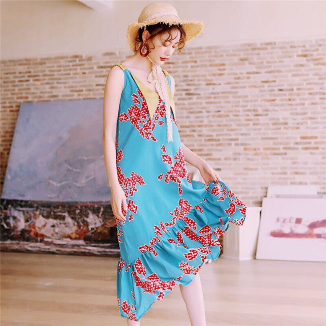CM-DF032219 Women Casual Bohemian Style Doll Collar Floral Loosen Long Dress - Blue