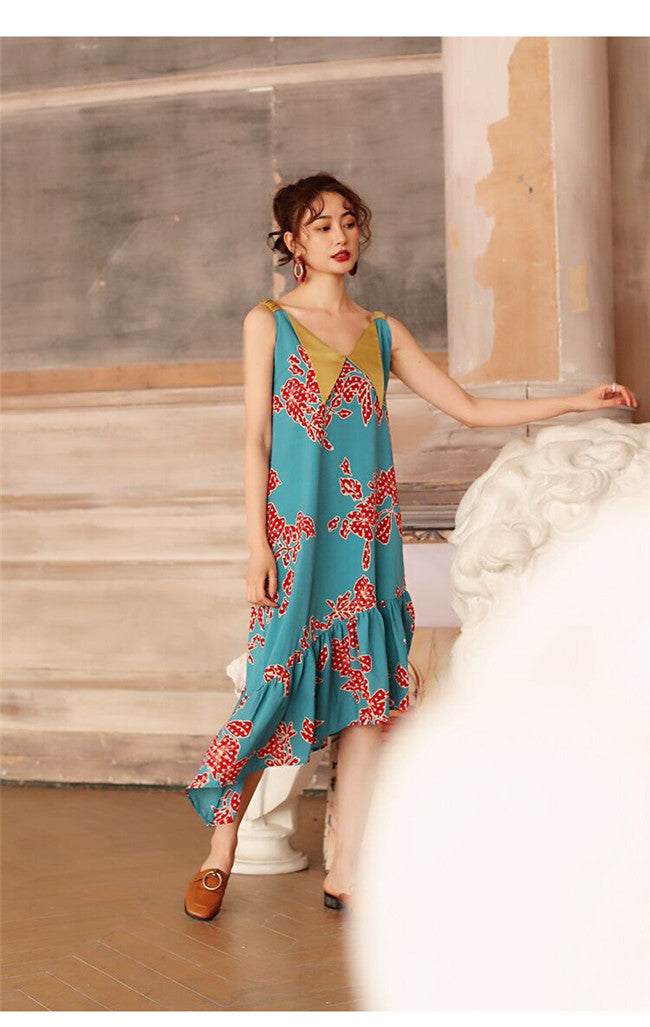 CM-DF032219 Women Casual Bohemian Style Doll Collar Floral Loosen Long Dress - Blue