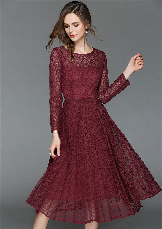 CM-DF032703 Women European Style Long Sleeve Round Neck Pleated Lace Dress - Wine Red