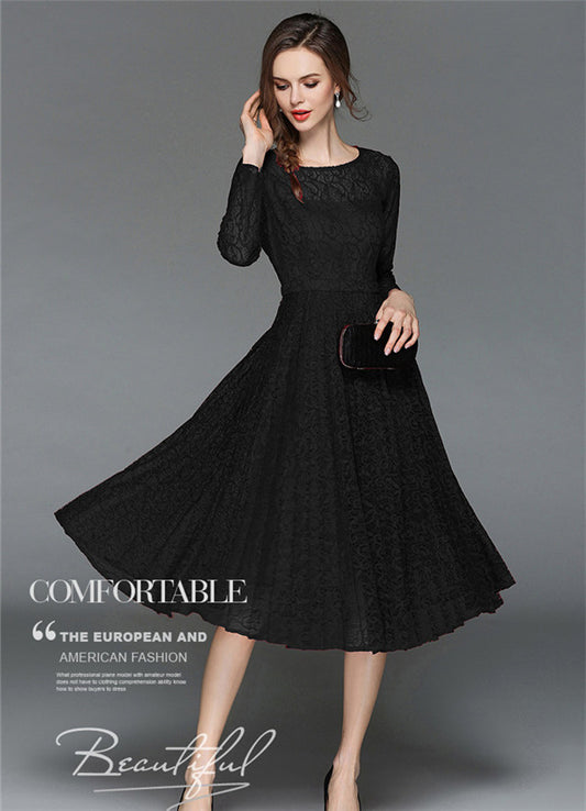 CM-DF032703 Women European Style Long Sleeve Round Neck Pleated Lace Dress - Black