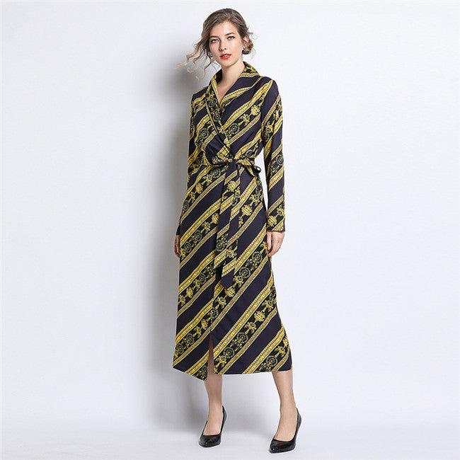 CM-DF032904 Women Retro European Style Tie Waist Stripes Loosen Maxi Dress