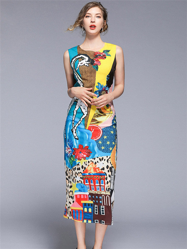 CM-DF032912 Women Charming Seoul Style Cartoon Printings Bodycon Tank Long Dress